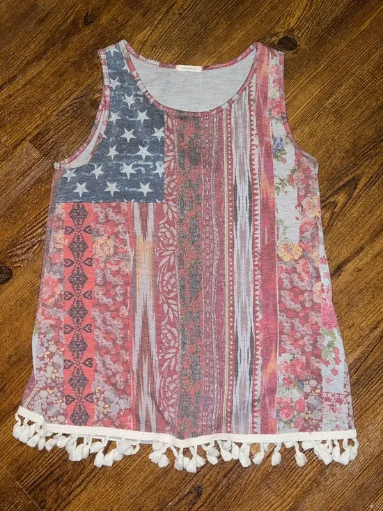 12 Pm By Mon Pink Red Blue Americana Stripe Tassel Sleeveless Tank Top Size S - Picture 6 of 8